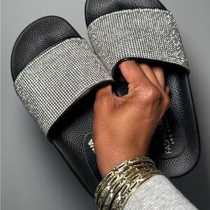 Fashion Nova Black and Silver Slide Sandals